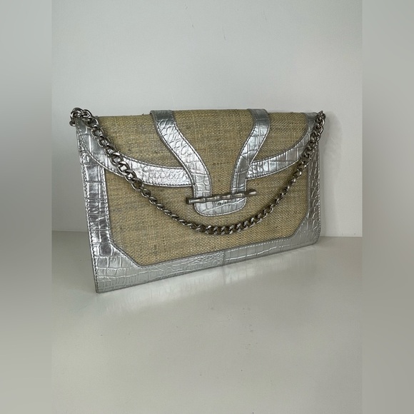Elaine Turner Silver and Tan Clutch with Chain Strap